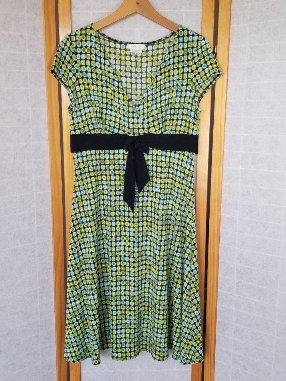 Van Heusen Fit and Flare Dress High Waist Green Blue Geo Print Size 10